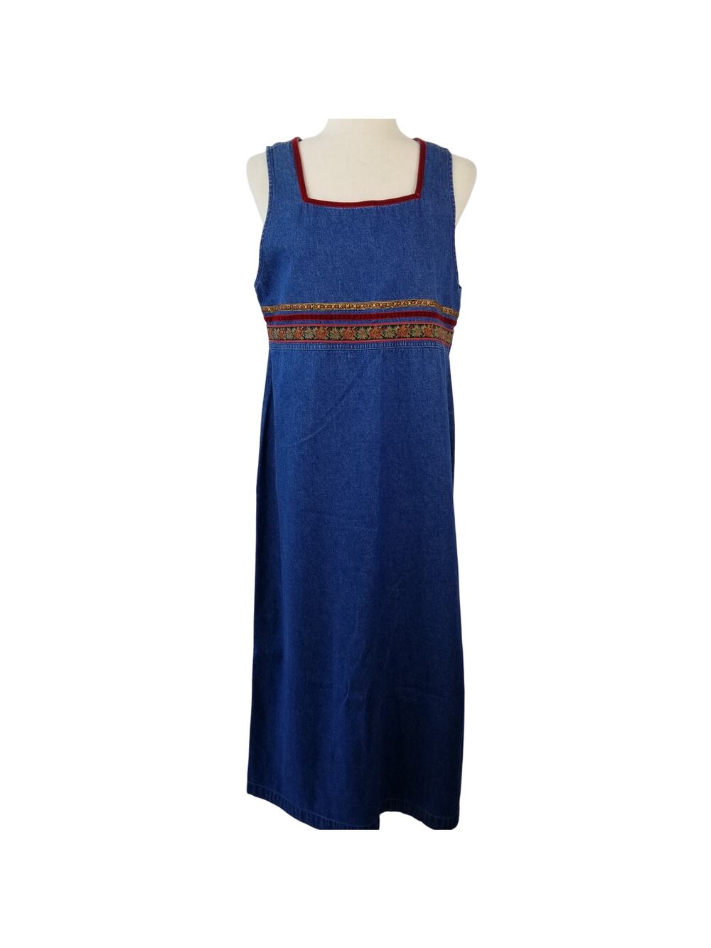 Erika & Co Blue Denim Gold Burgundy Ribbon Embellished Jumper Dress Size P M